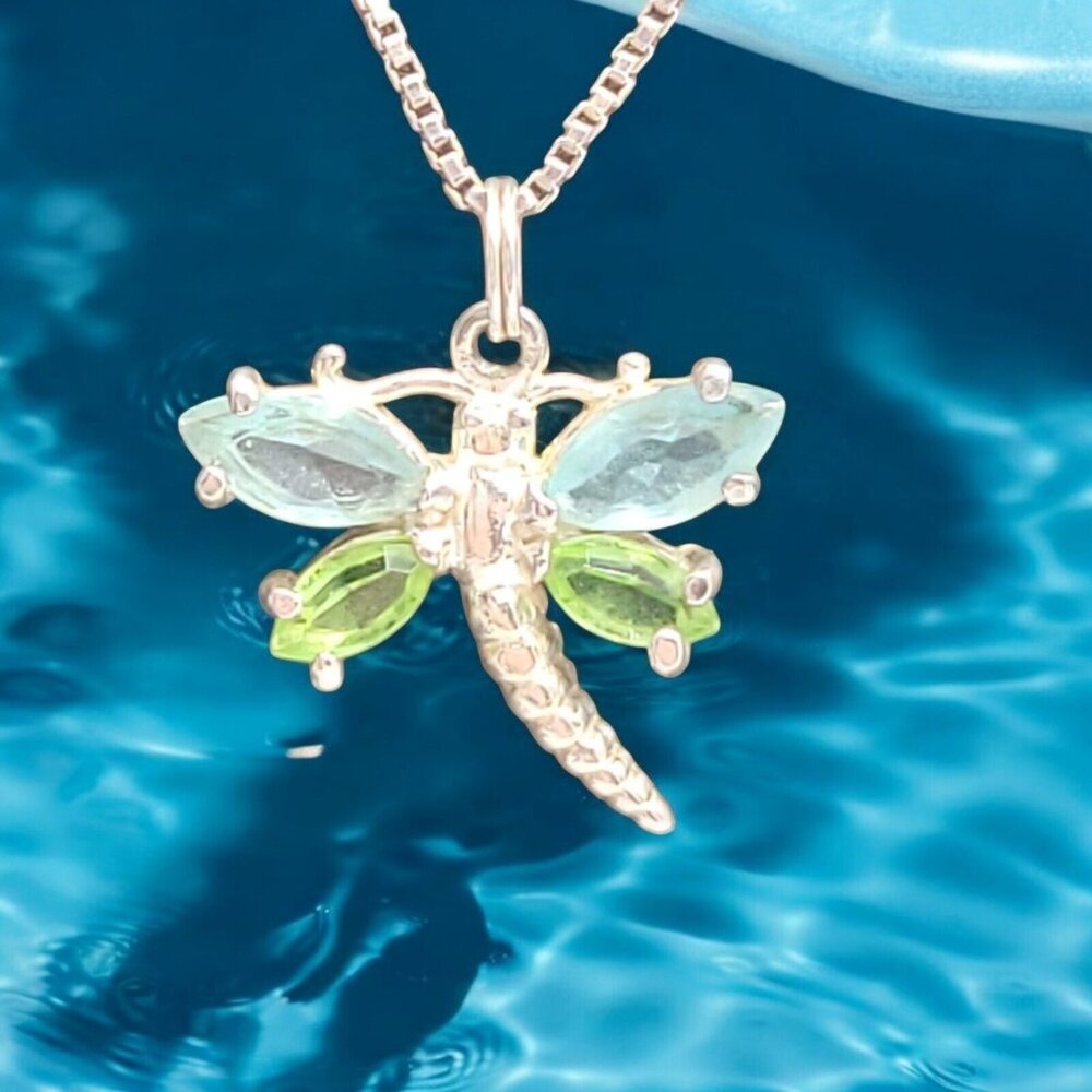 Swarovski Crystal Dragonfly Pendant Necklace 925 Sterling Silver 18" Chain Blue
